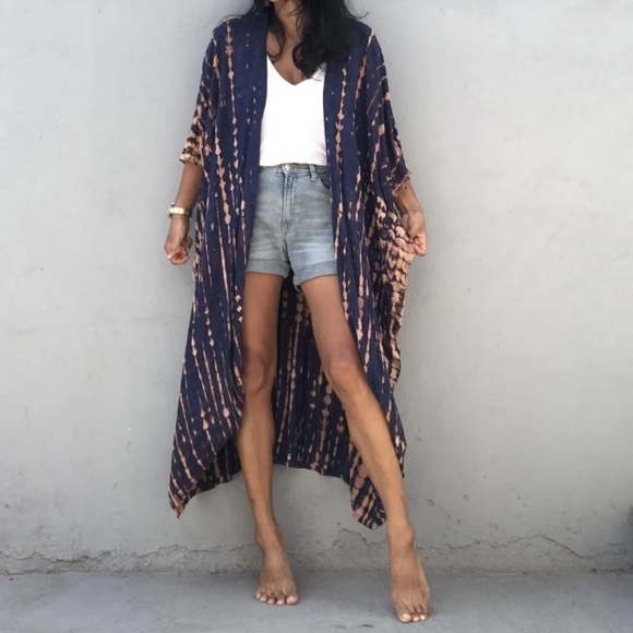 Navy Tie Dye Boho Swim Coverup Kimono Robe - Picture 7 of 8